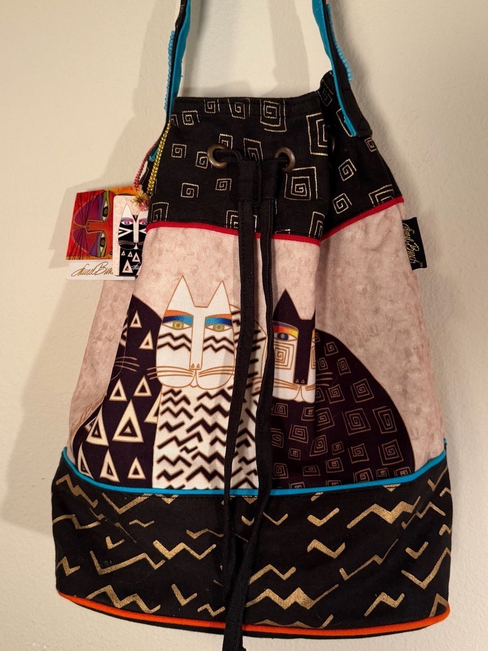 Laurel Burch Black Gold Turquoise Cat Drawstring Tote Bag
